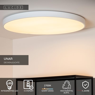 Lucide UNAR - Deckenleuchte - Ø 80 cm - LED 3 StepDim - 1x80W 2700K - Weiß